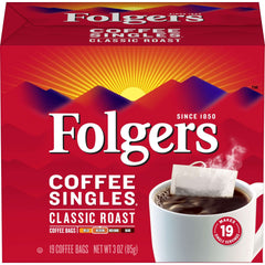 Folgers Classic Roast Coffee Singles packaging, convenient packets for busy mornings.
