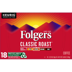 Folgers Classic Roast coffee pod pouring into a cup, smooth aroma for morning rituals.