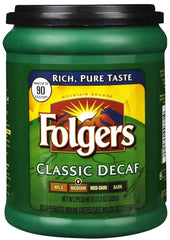 Folgers Classic Roast Decaf Ground Coffee 11.3 oz—aromatic, caffeine-free morning ritual.