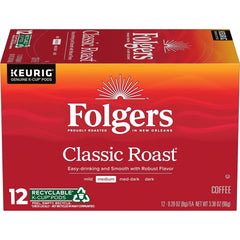 Folgers Classic Roast K-Cup pods on front view, ideal for quick morning routines.