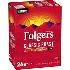 Folgers Classic Roast K-Cup pods box back showing packaging and recyclability notes.