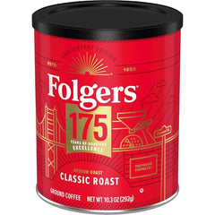 Close-up of Folgers Classic Roast label on the metal can.