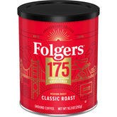 Folgers Classic Roast in 175th anniversary metal canister, collectible design.