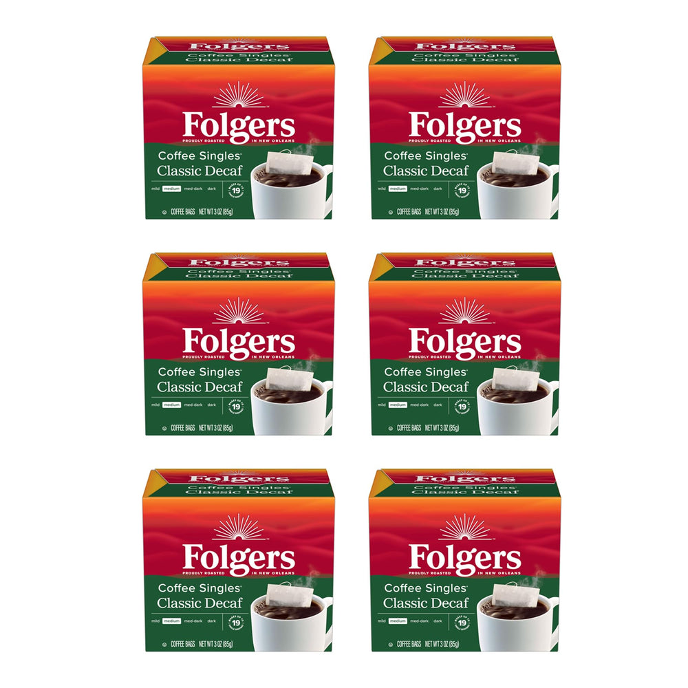 Folgers coffee singles boxes on the counter for quick decaf mornings.