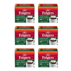 Folgers coffee singles boxes on the counter for quick decaf mornings.