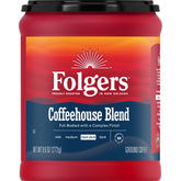 Folgers Coffeehouse Blend canister front, freshness for daily brewing.