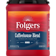 Folgers Coffeehouse Blend canister front, freshness for daily brewing.
