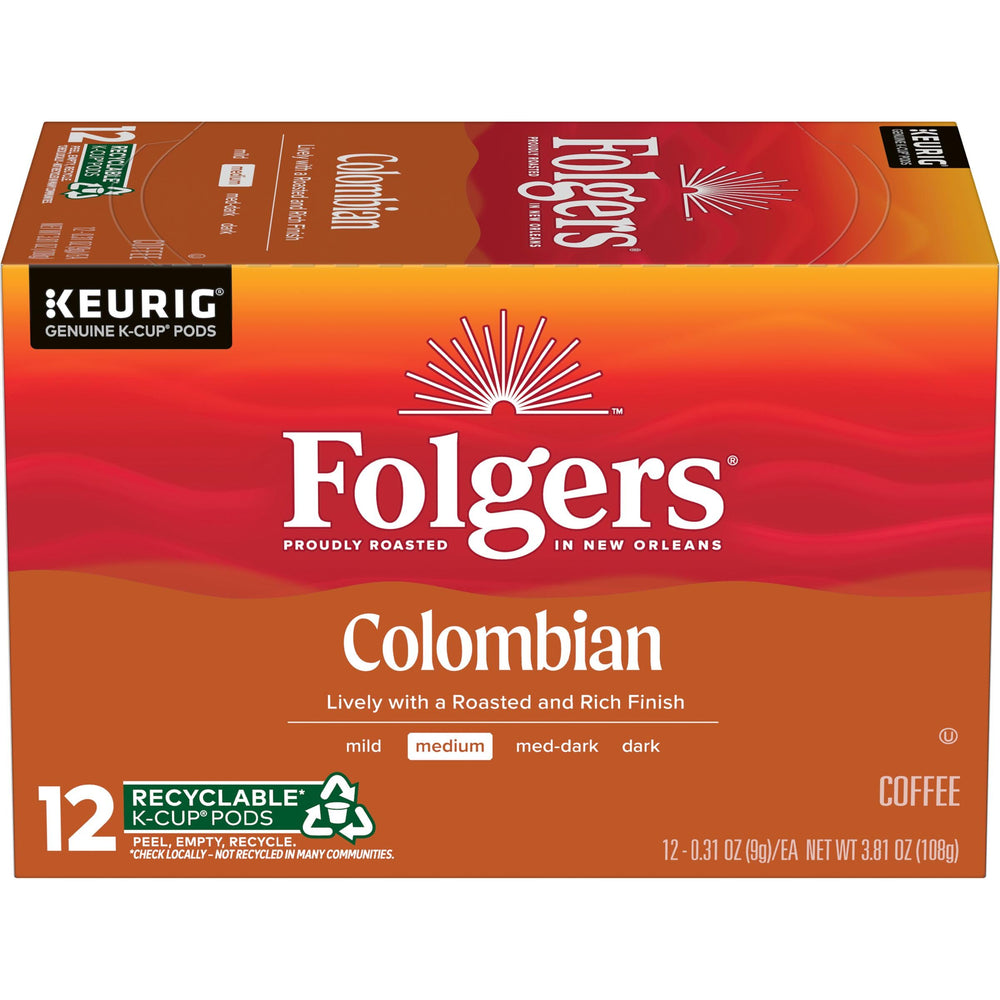 Folgers Colombian Medium Roast K-Cup pods in box for quick, flavorful mornings.