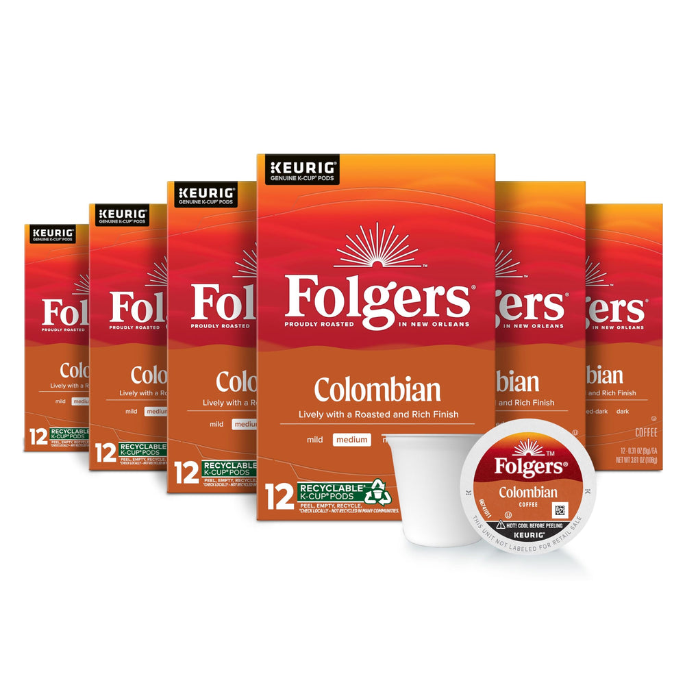 Folgers Colombian Medium Roast K-Cup pods in stacked boxes, ready for quick mornings.