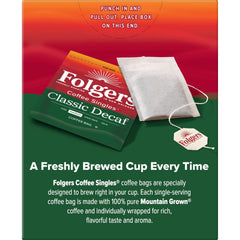 Mug shows rich Folgers decaf aroma after brewing.