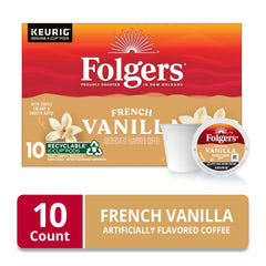 Steaming cup of Folgers French Vanilla with inviting aroma.