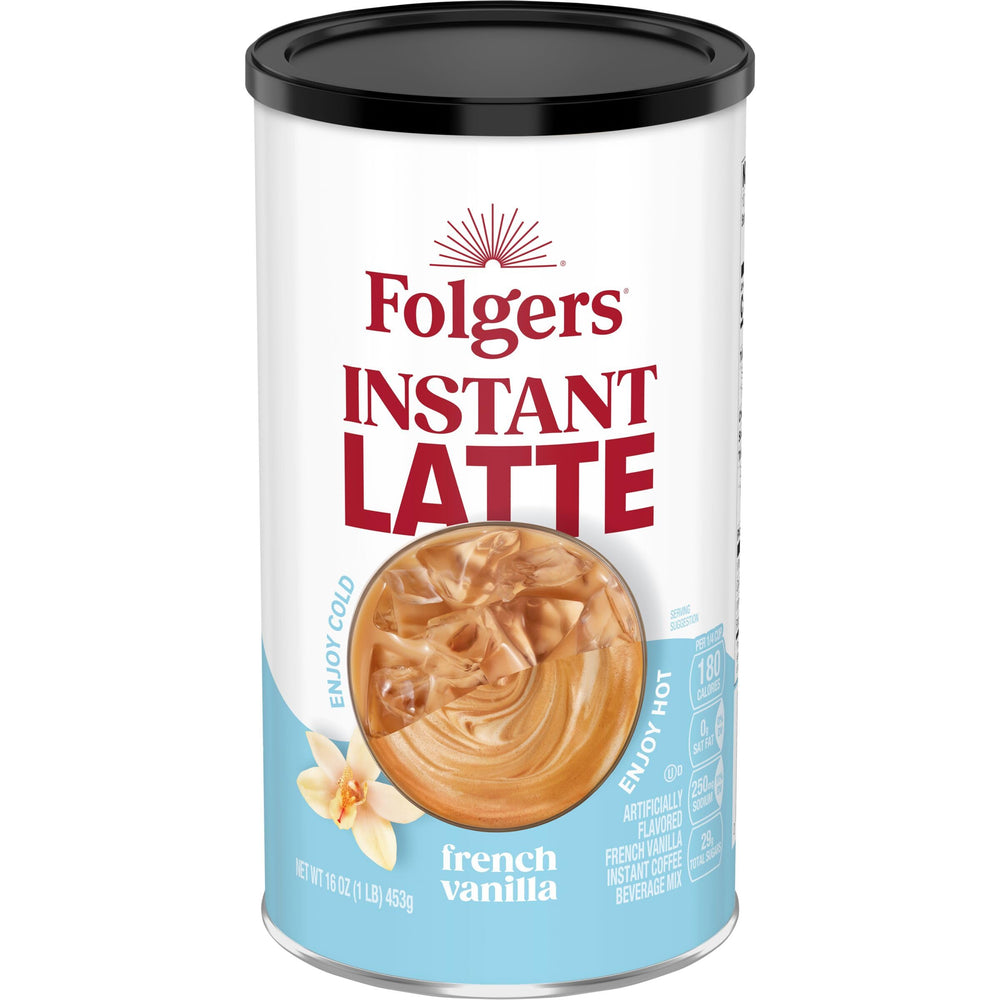 Folgers French Vanilla latte canister ready for quick mornings