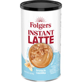 Folgers French Vanilla latte canister ready for quick mornings