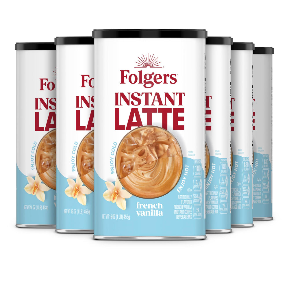 Folgers French Vanilla latte canisters shown in a six-pack for quick morning coffee