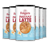 Folgers French Vanilla latte canisters shown in a six-pack for quick morning coffee