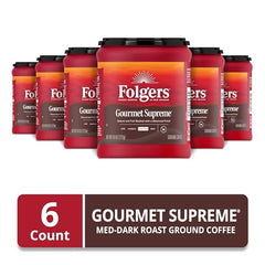 Folgers Gourmet Supreme ground coffee beans emphasize robust, full-bodied flavor.