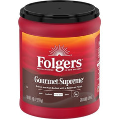 Folgers Gourmet Supreme roast masters logo signals expert craftsmanship and consistency.