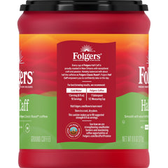 Folgers Half Caff coffee beans shown in close-up suggest rich flavor.