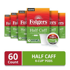 Folgers Half Caff pods pack showcasing 60-count convenience.