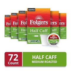 Folgers Half Caff K-Cup pods close-up showing half caffeine level