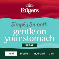 Folgers Simply Smooth Decaf aromaseal canister open preserving aroma for confident brewing.
