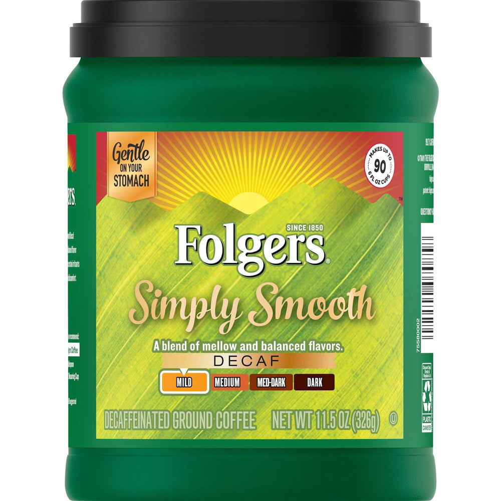 Folgers Simply Smooth Decaf canister close-up showing fresh aroma and easy brew