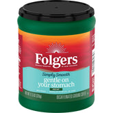 Folgers Simply Smooth Decaf canister front view highlighting easy storage and freshness.