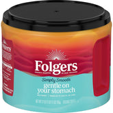 Folgers Simply Smooth ground coffee canister ready for any brew method, yielding a mellow cup.