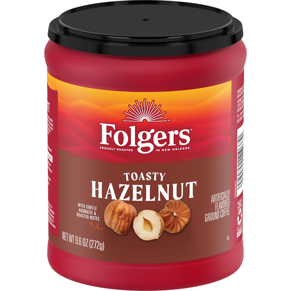 Folgers Toasty Hazelnut ground coffee canister with rich aroma for mornings.