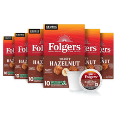 Folgers Toasty Hazelnut K-Cup boxes stacked for convenient six-pack packaging