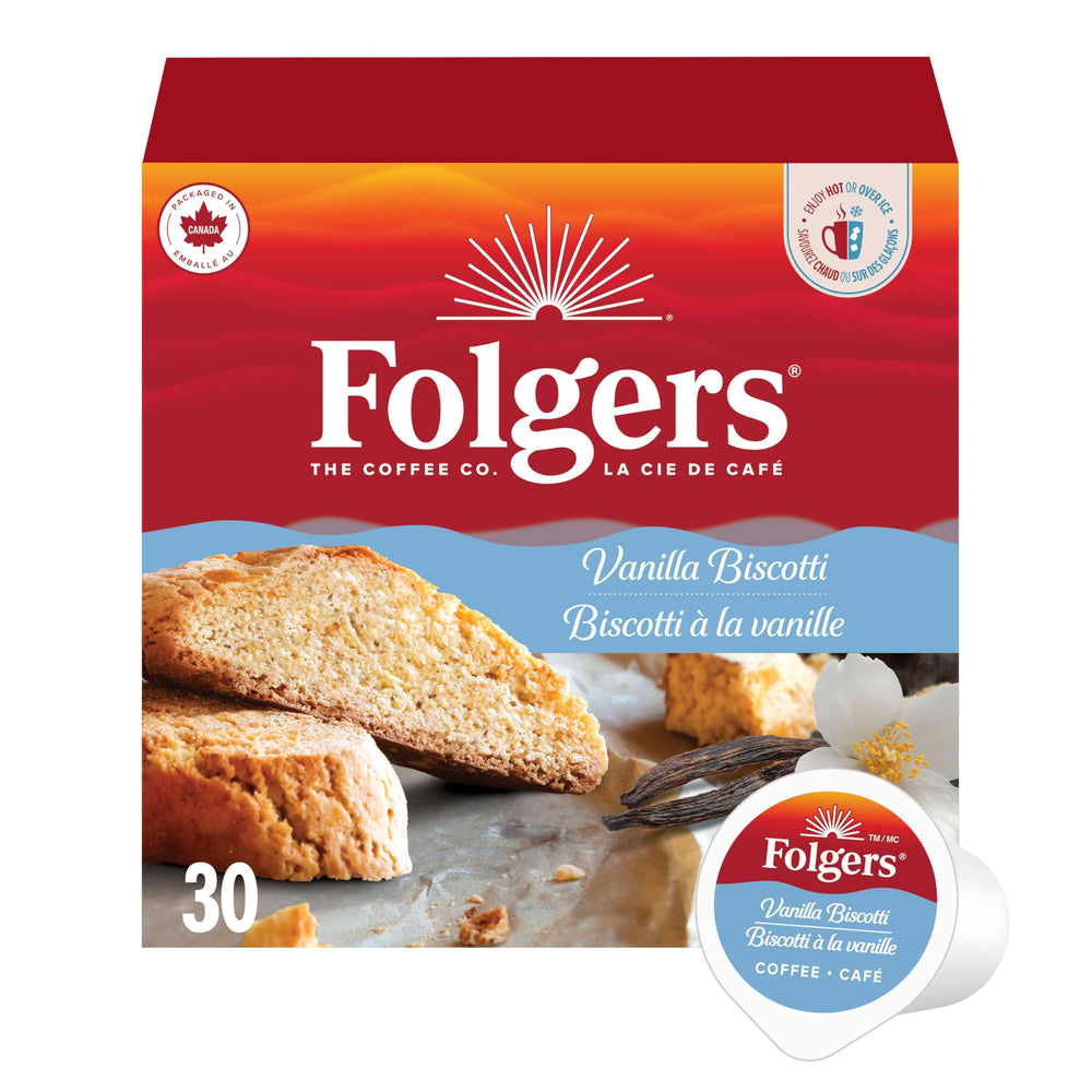 Folgers Vanilla Biscotti K-Cups box front showing convenient 30-count packaging for home brew.