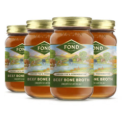 FOND Nourish Delight beef bone broth bottle pour showing convenient, sip-ready broth.