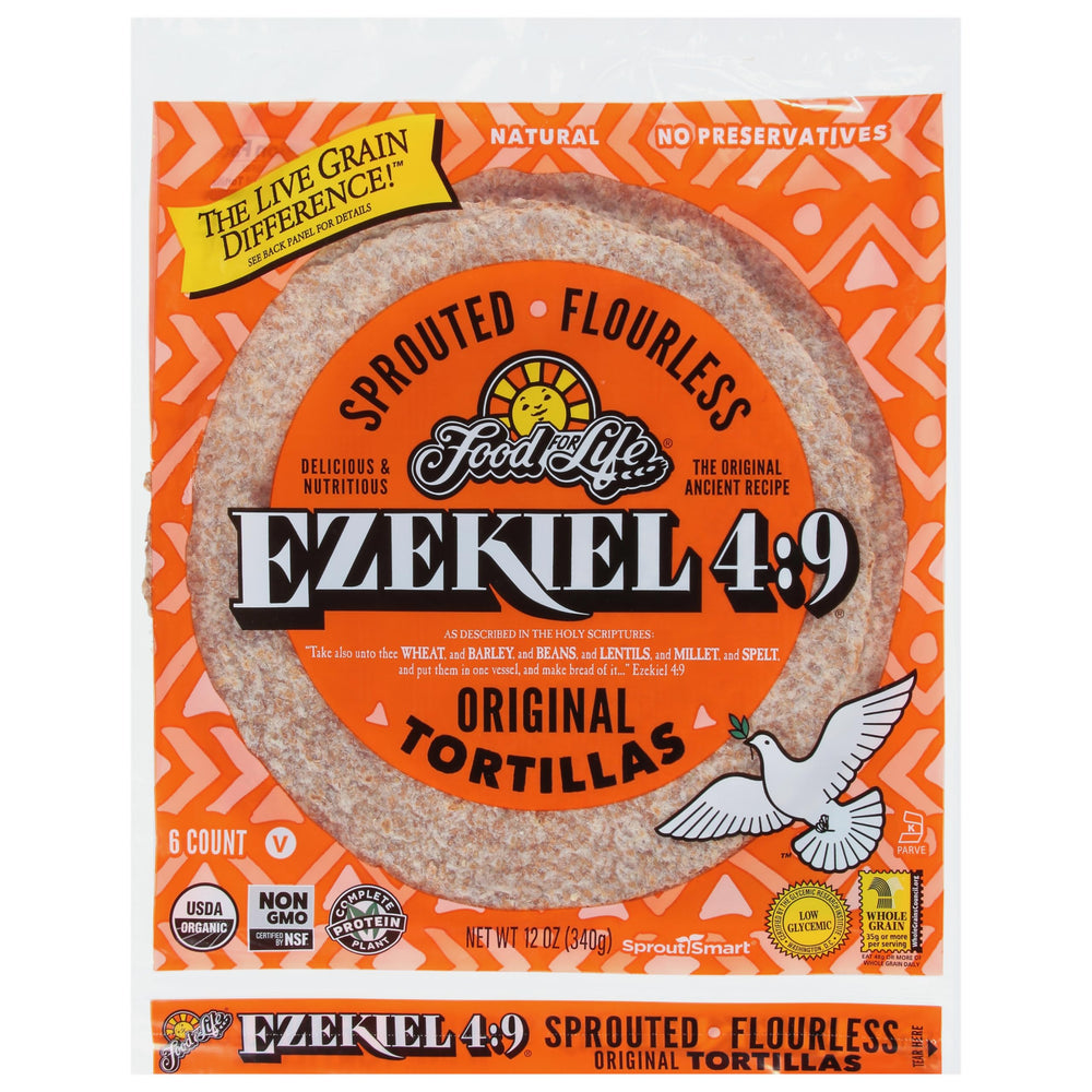Food for Life organic whole grain tortillas, soft and pliable for tacos and wraps.
