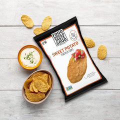 Food Should Taste Good sweet potato tortilla chips back label shows gluten-free and vegan certifications.