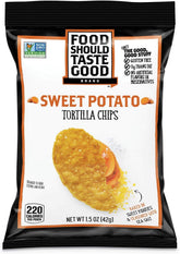 Food Should Taste Good sweet potato tortilla chips front view, wholesome snacking option.