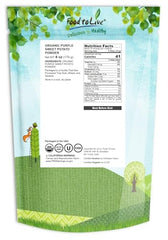 Food to Live purple sweet potato powder jar label highlights organic, non-GMO, no sugar added.