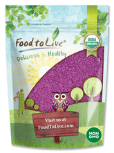 Food to Live purple sweet potato powder jar showing vibrant color for baking and desserts.