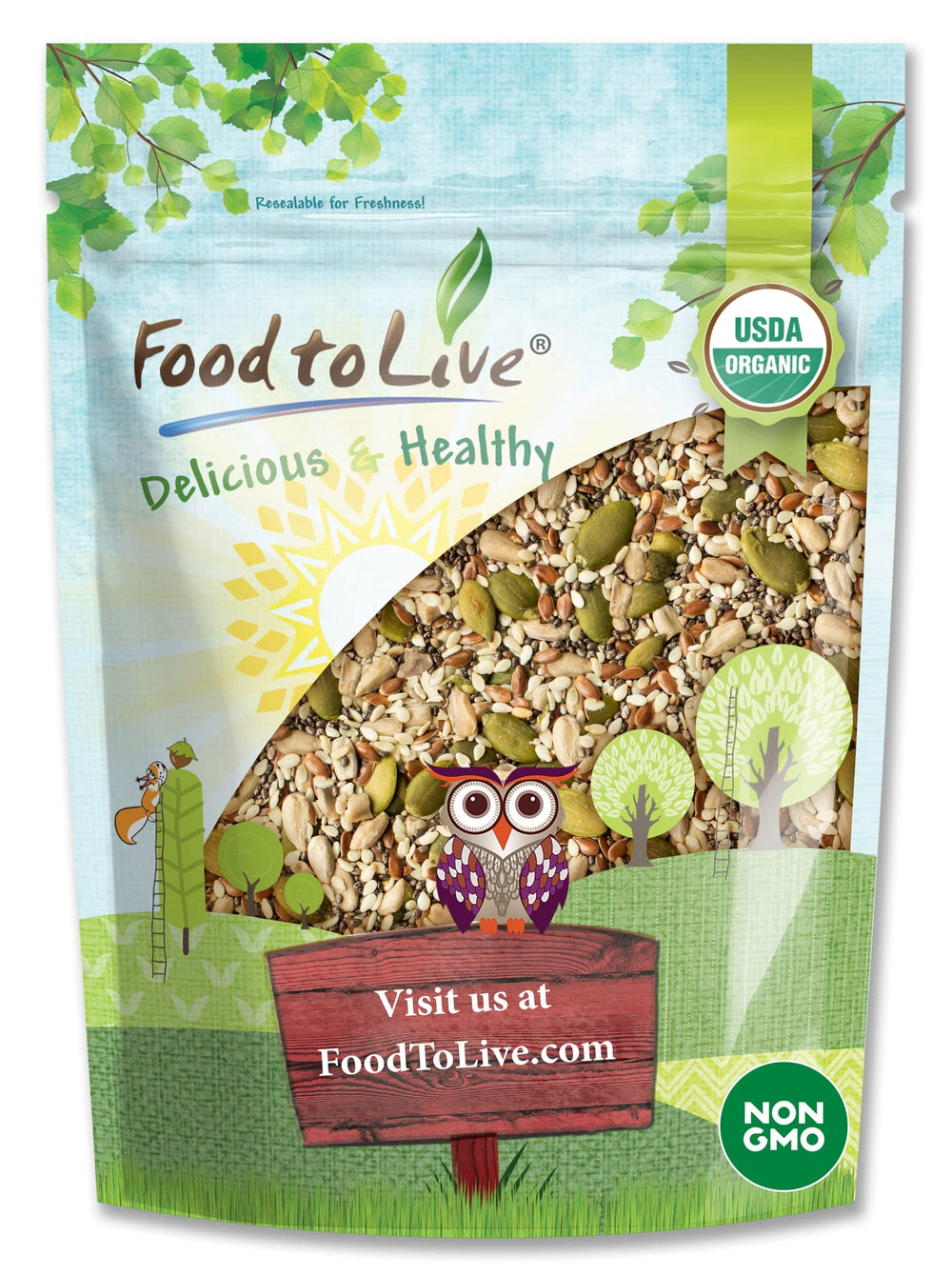 Food to Live Super 5 Seeds Mix bottle view, nutrient-rich on-the-go snacking
