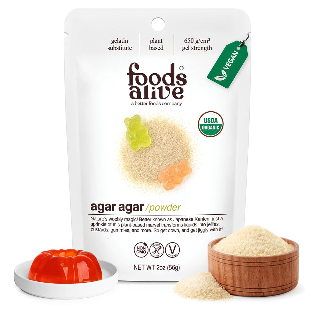 Foods Alive agar-agar powder bottle on counter for vegan gelling