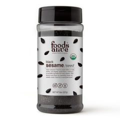 Foods Alive black sesame seeds in a shaker jar for toppings and baking