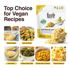 Foods Alive Nutritional Yeast Flakes sprinkled on pasta enhances cheesy texture.