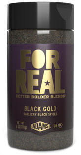 FOR REAL Black Gold Seasoning bottle pour highlights garlicky umami for meats and veggies