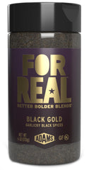 FOR REAL Black Gold Seasoning bottle pour highlights garlicky umami for meats and veggies