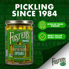Foster's pickled asparagus jar with garnish suggests party-ready bites.