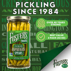 Side view of Foster's Pickled Asparagus Spears in brine