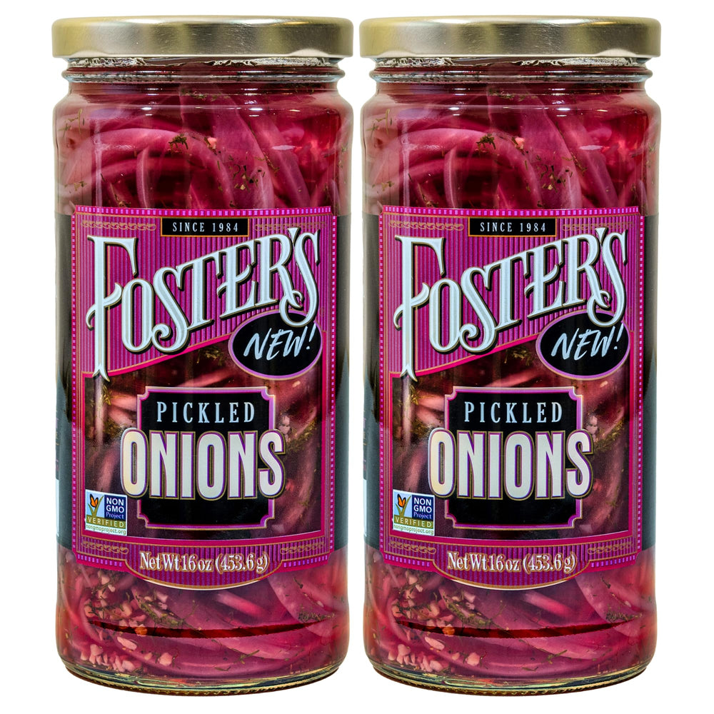 Foster's Pickled Red Onions jar close-up, perfect for enhancing salads with tangy zest.