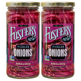 Foster's Pickled Red Onions jar close-up, perfect for enhancing salads with tangy zest.