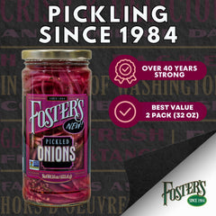Foster's Pickled Red Onions serving plate, ready to brighten burgers and charcuterie boards.
