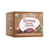 Four Sigmatic Boost Mushroom Cacao packets front, convenient energy-boosting hot chocolate.