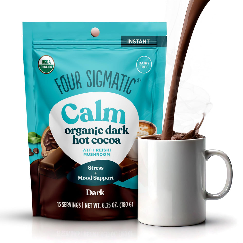 Four Sigmatic Calm mushroom cocoa mix canister displayed for a relaxing evening ritual